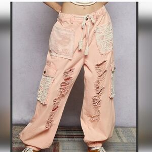 POL Boutique Pink Peach Distressed Lace Jogger Pants New Without Tags